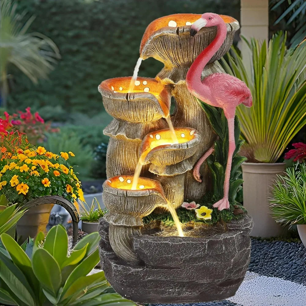 5 Tier Outdoor Indoor Water Feature Fountain, Flamingo Ornamental Cascading Waterfall with 5 LED Lights for Garden, Deck, Backya