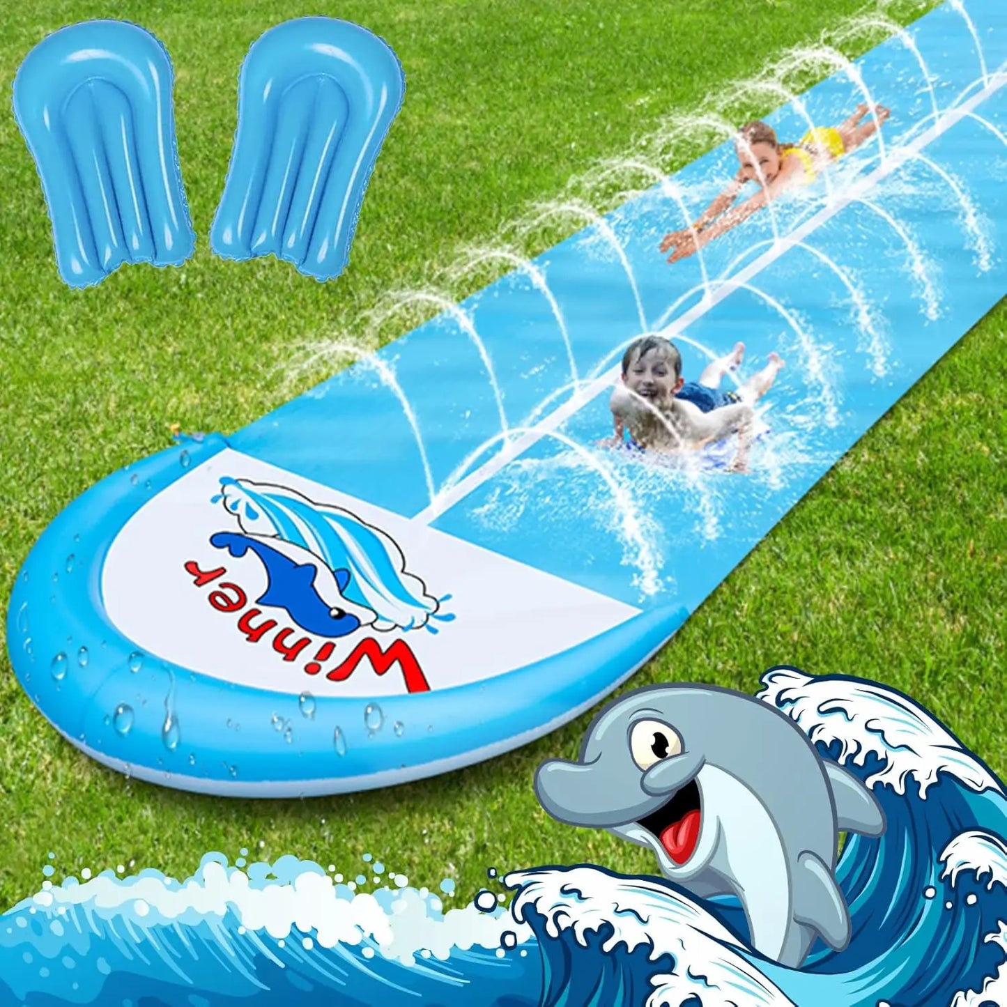 30ft Slip Splash and Slide, Heavy Duty Lawn Water Slide, Extra Long Slip Water Slides with 2 Bodyboards for Kids Adults Toy with