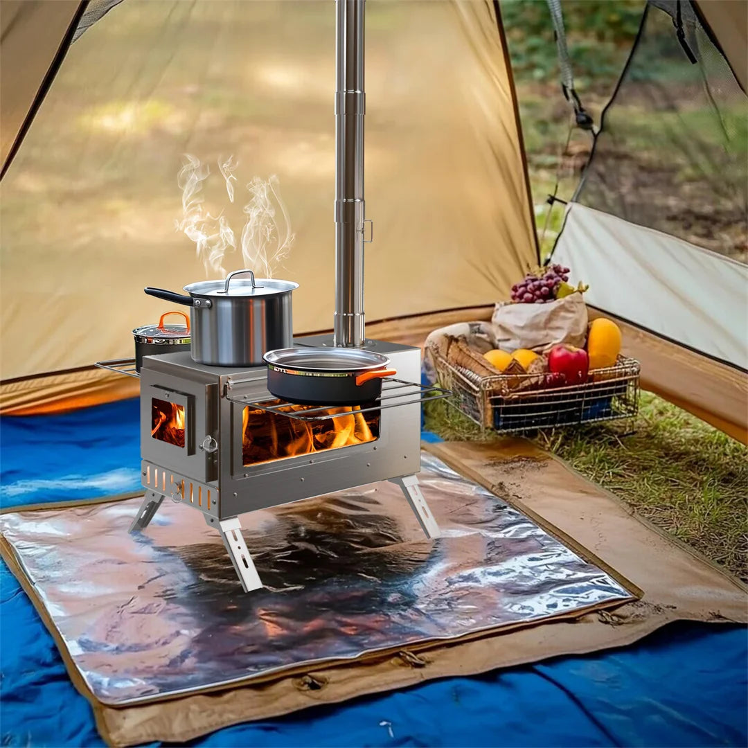 Hot Tent Stove, unho Wood Burning Stove, Portable Wood Stove with 6 Stainless Chimney Pipes for Outdoor Heating & Cooking