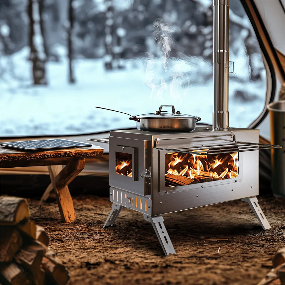 Hot Tent Stove, unho Wood Burning Stove, Portable Wood Stove with 6 Stainless Chimney Pipes for Outdoor Heating & Cooking
