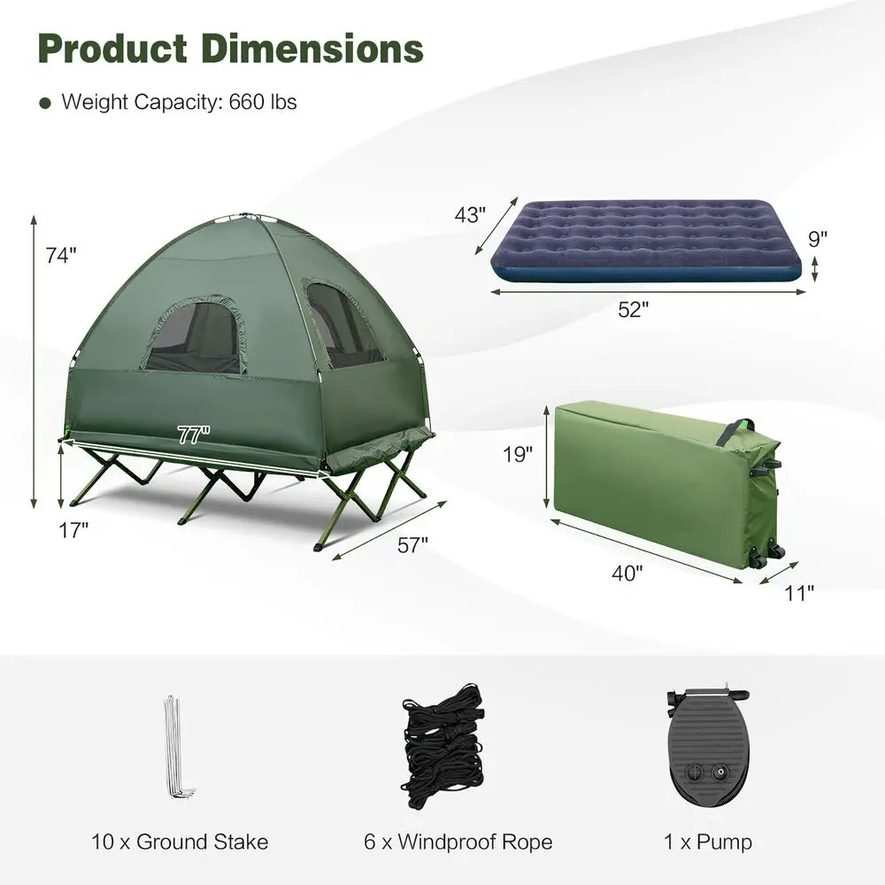 2-Person Compact Portable Tent/Camping Cot w/ Air Mattress & Sleeping Bag
