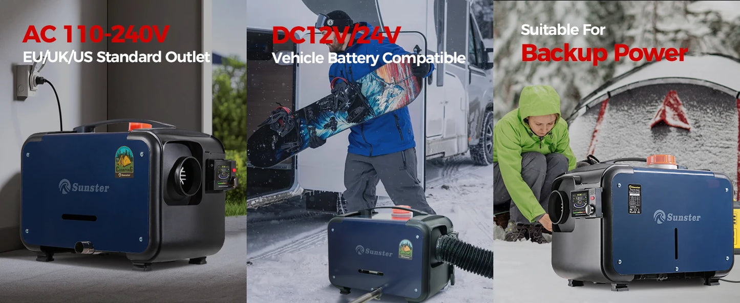 Sunster 8KW 12V&24V&110-240V Portable Diesel Air Heater APP Control Ultra quiet Night Parking Heater for RV car campervan tent