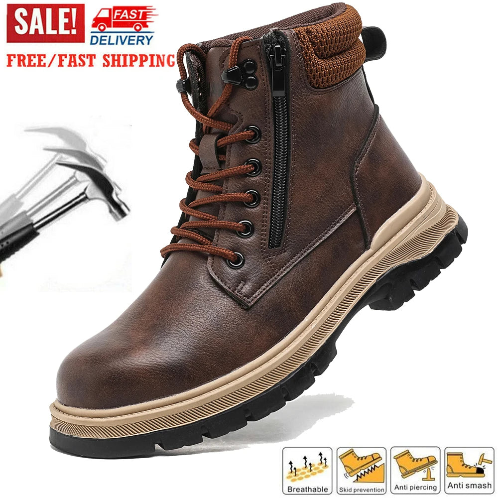 Leather Light Weight Safety Shoes Steel Toe Boots Low Top Comfortable Soft Work Sneakers Slip Resistant Work Sneakers for Men