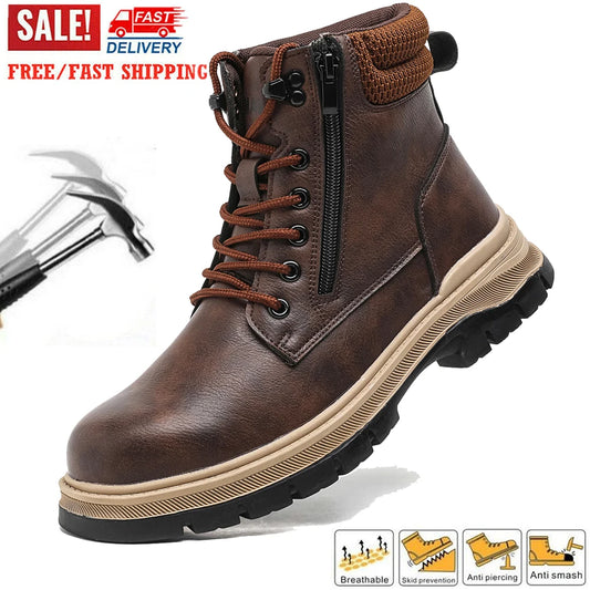 Leather Light Weight Safety Shoes Steel Toe Boots Low Top Comfortable Soft Work Sneakers Slip Resistant Work Sneakers for Men