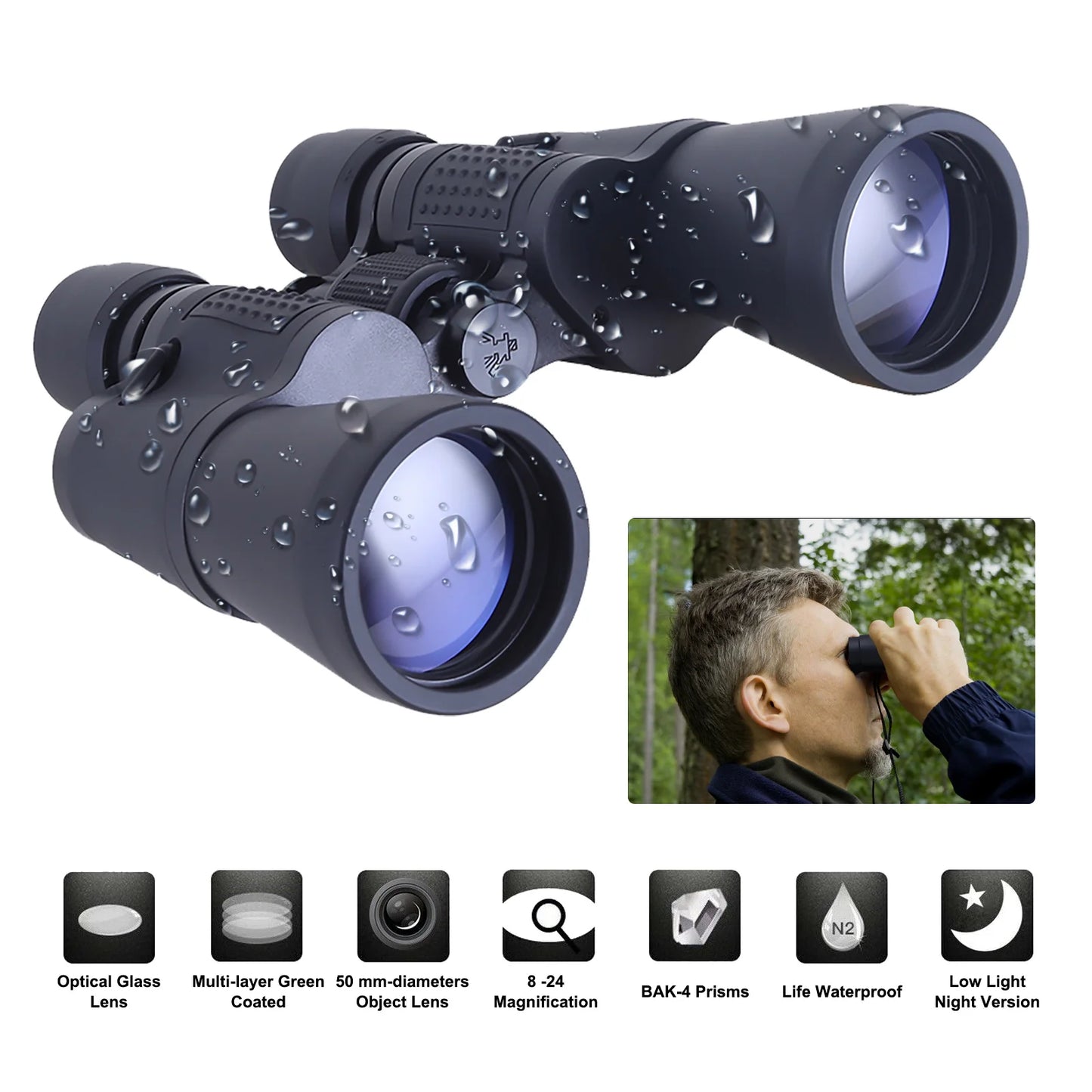 Military Zoom Binoculars High Power 20x50 Low Light Night Vision/Daily Waterproof Telescopio Long Range with Case for Adults