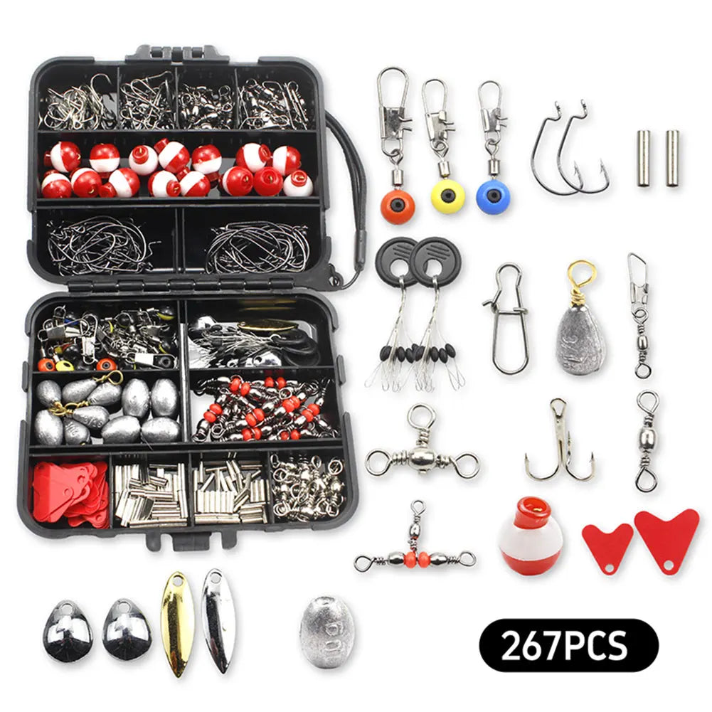 267pcs Fishing Tools Accessories Kit Set with Fishing Box Fish Hooks Bait Parts Sinkers Outdoor Fishing Accessories Set