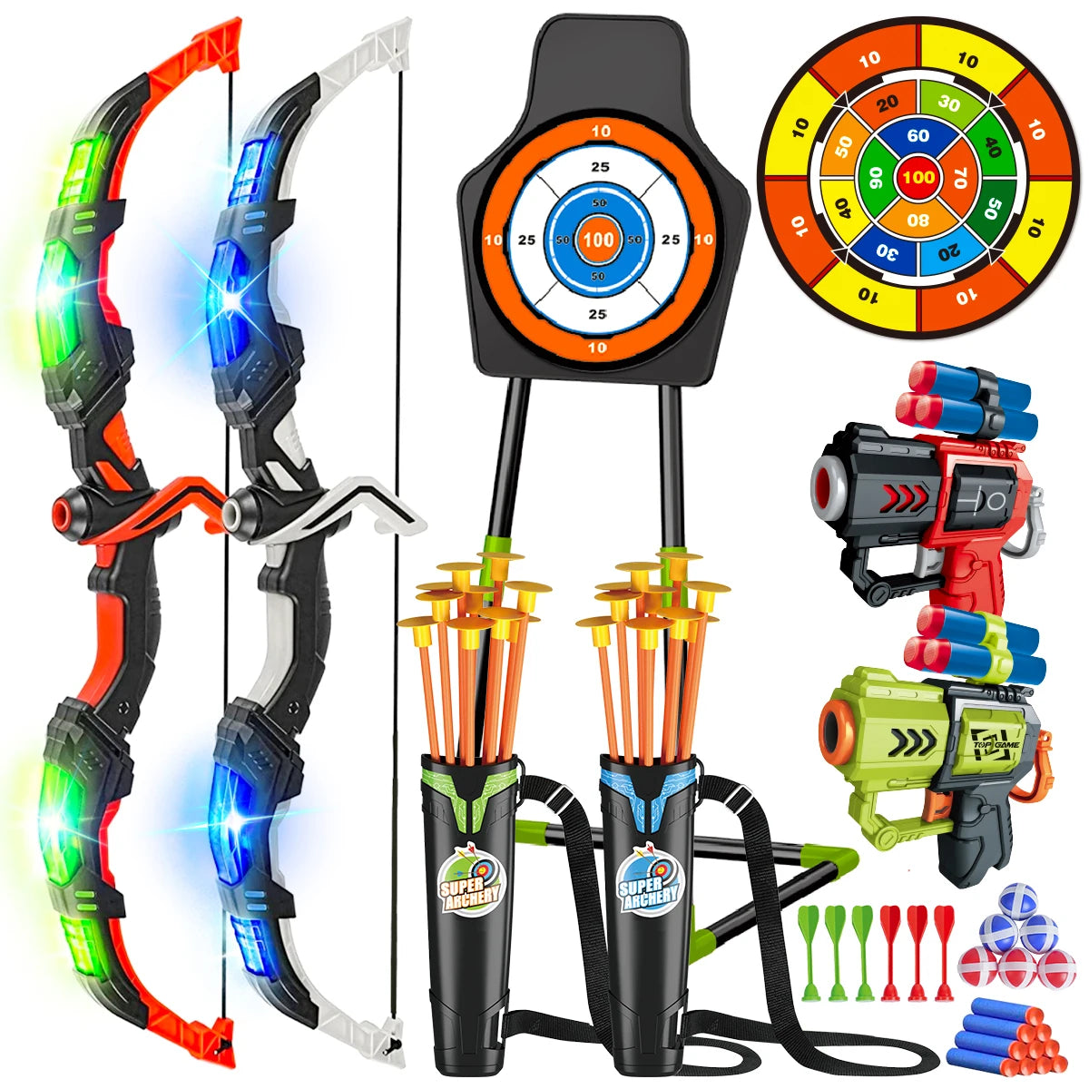 VATOS 2X Bow Arrow + Guns Toy For Kids LED Light Up Archery with Suction Cup Stand Target Dart Board Indoor Outdoor Game Toys