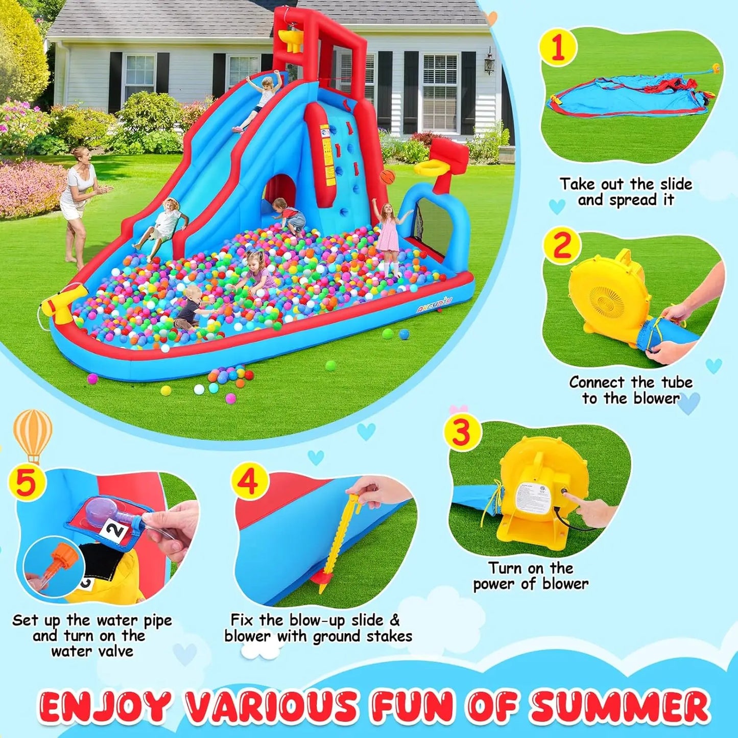 Inflatable Water Slide for Kids Backyard 9-in-1 Blow Up Water Park with 470W Blower, Dump Bucket, Adventure Play Tunnel, Splash