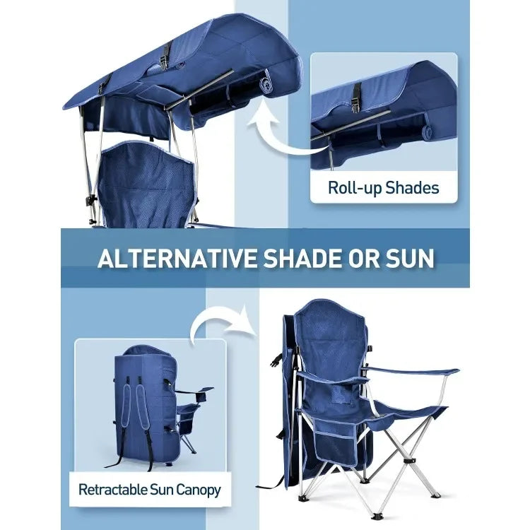 Popular Beach Chair with Canopy Shade, Folding Camping Chair with Canopy with Cup Holder, Side Pocket for Camp, Beach, Tailgates