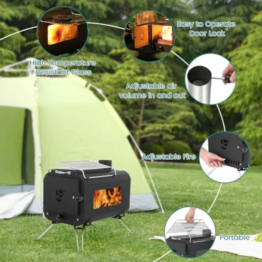 Outdoor Portable Wood Stove Tent Stove for Camping Cast Iron Wood Burning Stove with Chimney Pipes and View Glass Ideal for Ice