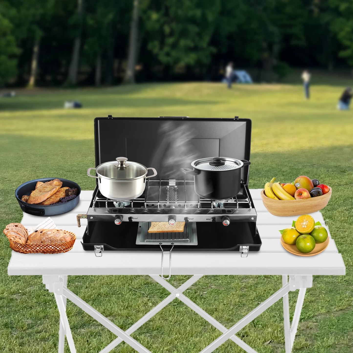 Camping Stove Portable Grill 3-burner Foldable Tabletop Camping Stove One-piece Structure for Camping BBQ Party Picnic Hiking