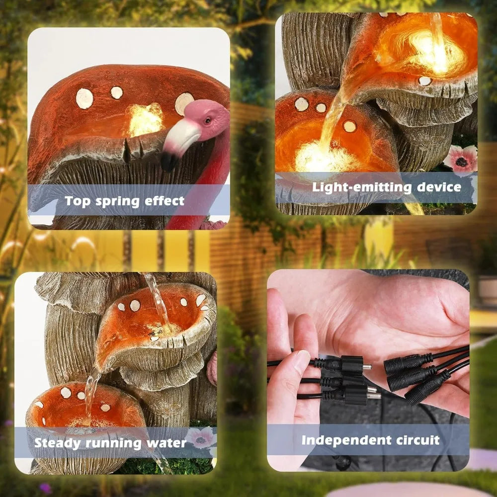 5 Tier Outdoor Indoor Water Feature Fountain, Flamingo Ornamental Cascading Waterfall with 5 LED Lights for Garden, Deck, Backya