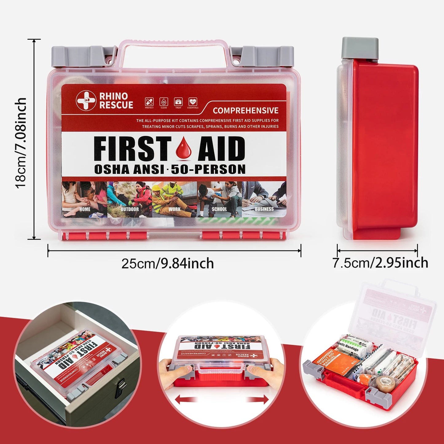 Rhino Rescue full-featured first aid kit, home and office emergency medical supplies, suitable for school, car, outdoor, travel