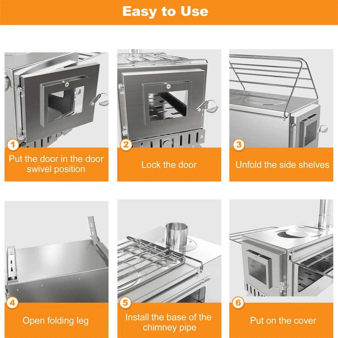 Hot Tent Stove, unho Wood Burning Stove, Portable Wood Stove with 6 Stainless Chimney Pipes for Outdoor Heating & Cooking