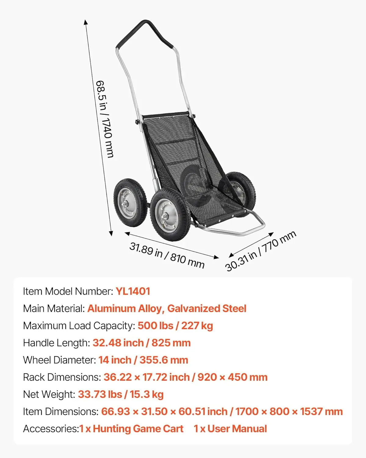 XMSJ 500 lb Hunting Game Cart All Terrain Foldable Hauler