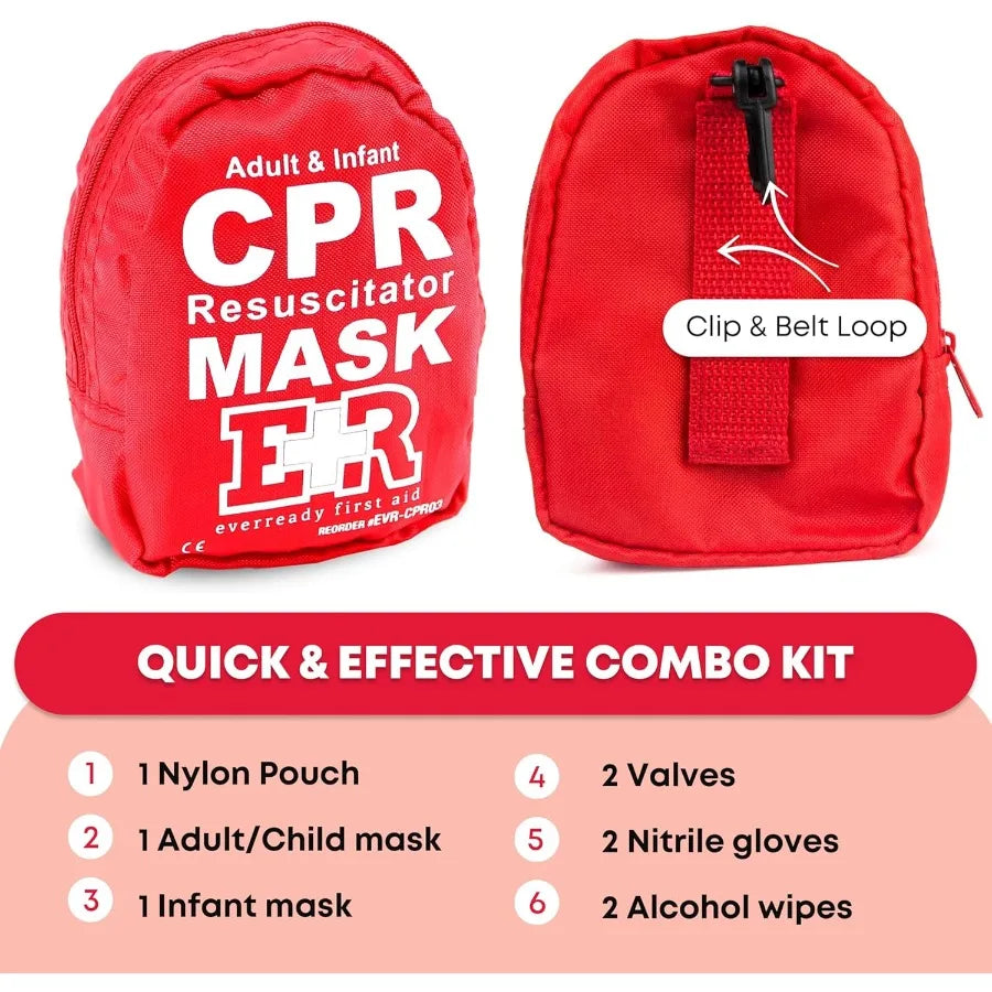 Comprehensive First Aid Kit for Adult and Infant CPR with Dual Valves Pair of Vinyl Gloves and Two Alcohol Prep Pads for Emerge