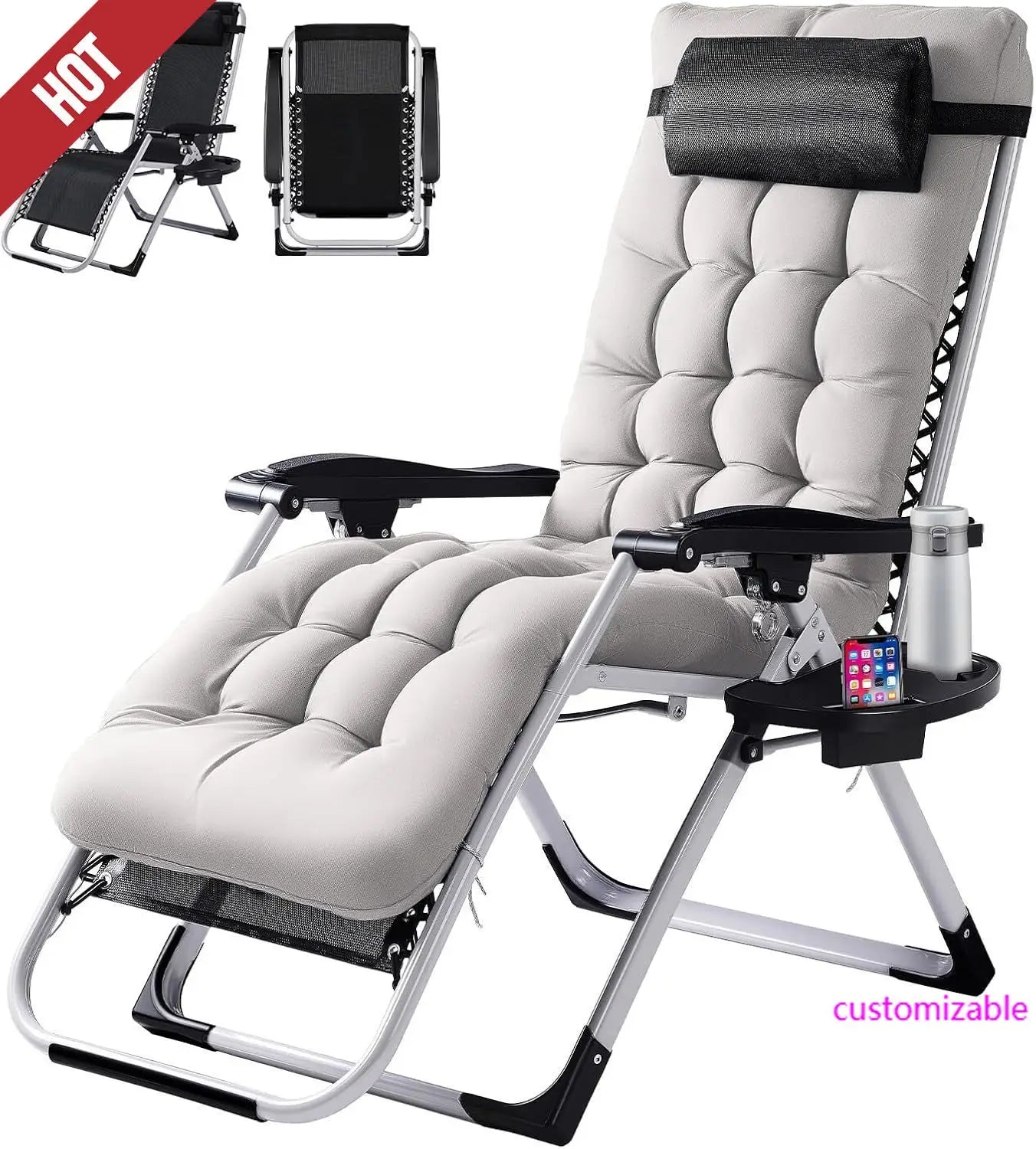 Padded Zero Gravity Chair, Lounge Chair with Removable Cushion & Tray，Recliner Chair for Lawn，Indoor and Outdoor