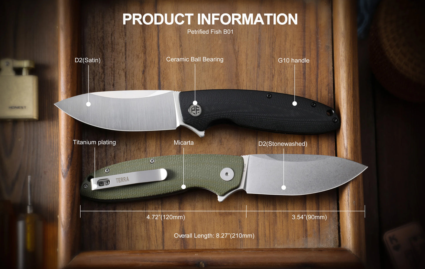 Petrified Fish Original PFB01 Micarta Handle Ceramic Bearing D2 Steel Blade Folding Knife Outdoor Survival Cutting EDC Tool