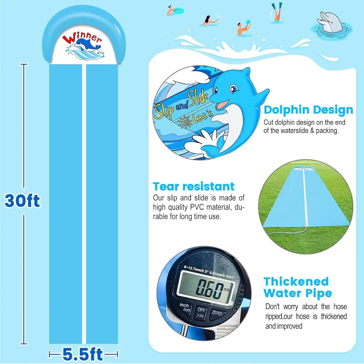 30ft Slip Splash and Slide, Heavy Duty Lawn Water Slide, Extra Long Slip Water Slides with 2 Bodyboards for Kids Adults Toy with