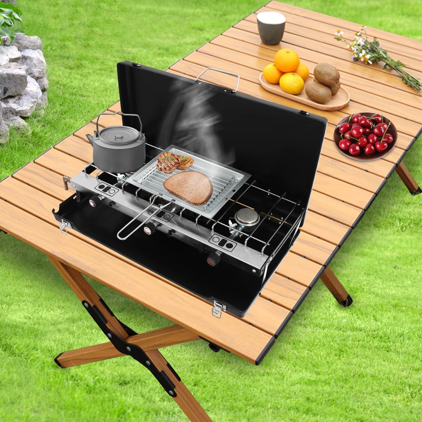 Camping Stove Portable Grill 3-burner Foldable Tabletop Camping Stove One-piece Structure for Camping BBQ Party Picnic Hiking