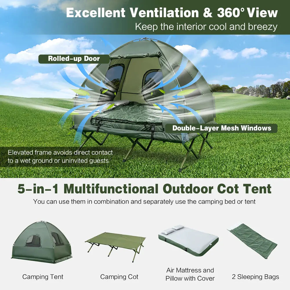 2-Person Compact Portable Tent/Camping Cot w/ Air Mattress & Sleeping Bag