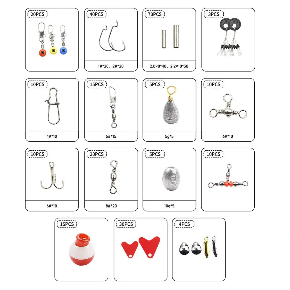 267pcs Fishing Tools Accessories Kit Set with Fishing Box Fish Hooks Bait Parts Sinkers Outdoor Fishing Accessories Set