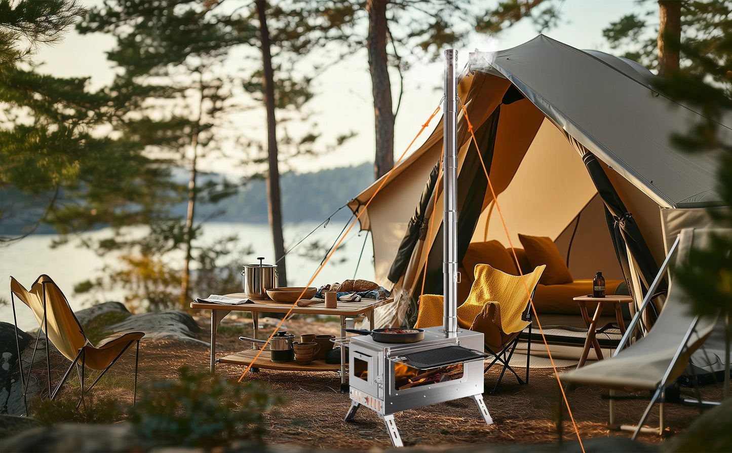 Hot Tent Stove, unho Wood Burning Stove, Portable Wood Stove with 6 Stainless Chimney Pipes for Outdoor Heating & Cooking