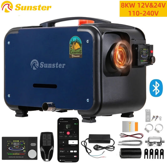 Sunster 8KW 12V&24V&110-240V Portable Diesel Air Heater APP Control Ultra quiet Night Parking Heater for RV car campervan tent