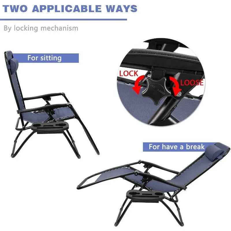 2 (Blue) Zero Gravity Chair Patio Folding Lawn Outdoor Lounge Gravity Camp Reclining Lounge Chair with Cup Holder Pillows