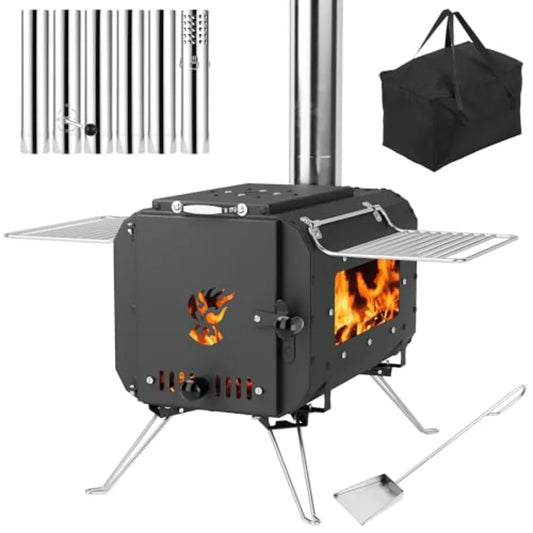 Outdoor Portable Wood Stove Tent Stove for Camping Cast Iron Wood Burning Stove with Chimney Pipes and View Glass Ideal for Ice
