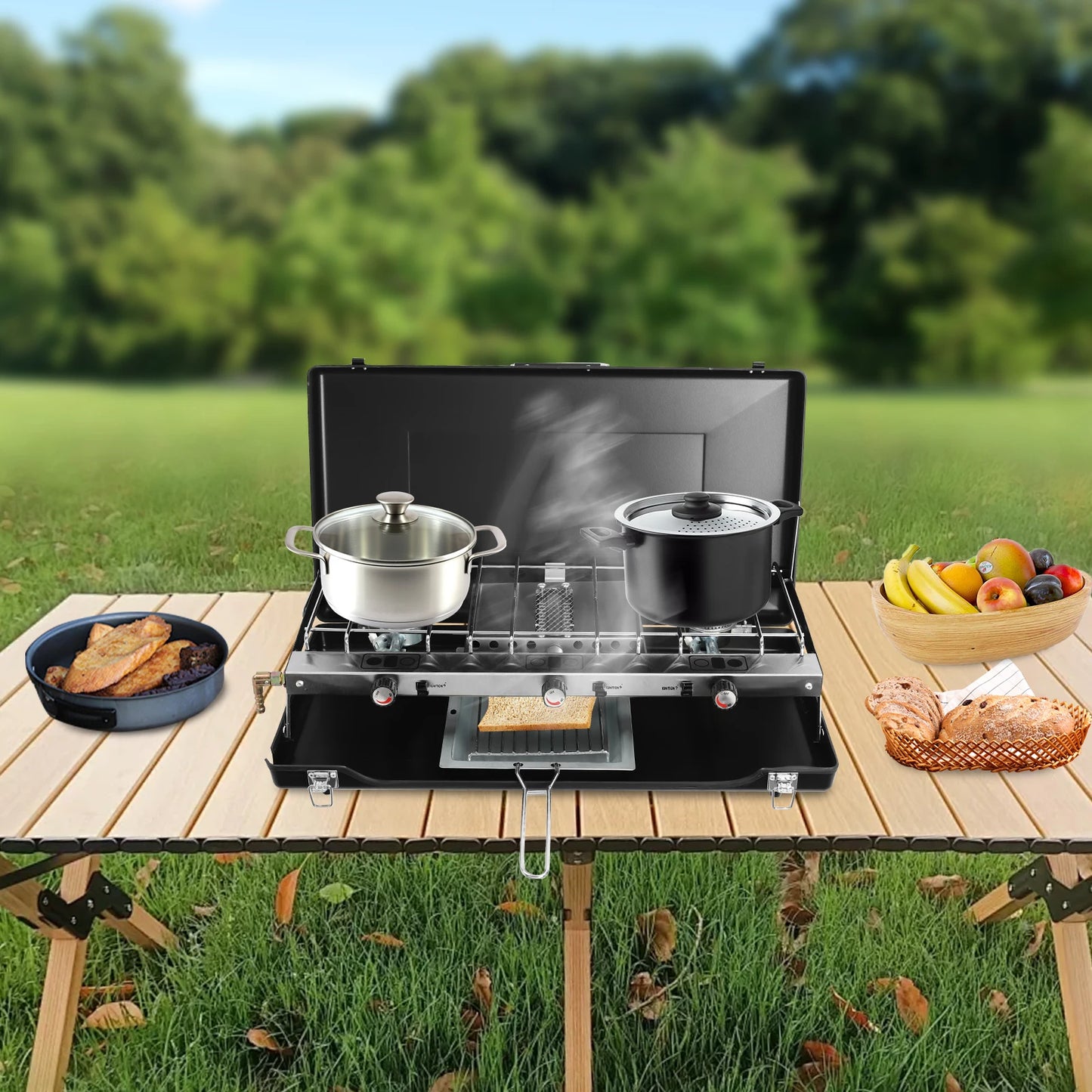 Camping Stove Portable Grill 3-burner Foldable Tabletop Camping Stove One-piece Structure for Camping BBQ Party Picnic Hiking
