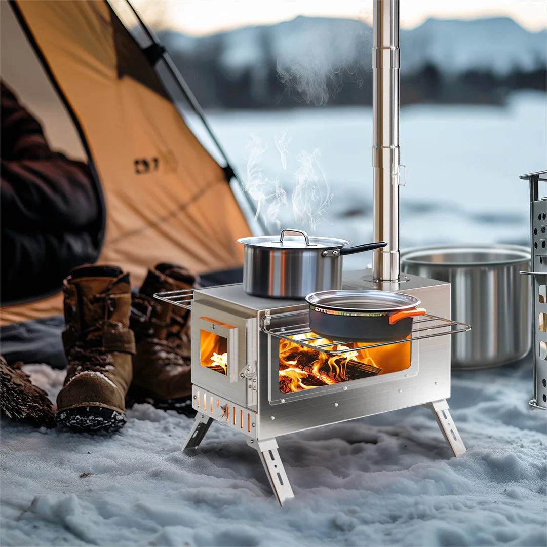 Hot Tent Stove, unho Wood Burning Stove, Portable Wood Stove with 6 Stainless Chimney Pipes for Outdoor Heating & Cooking