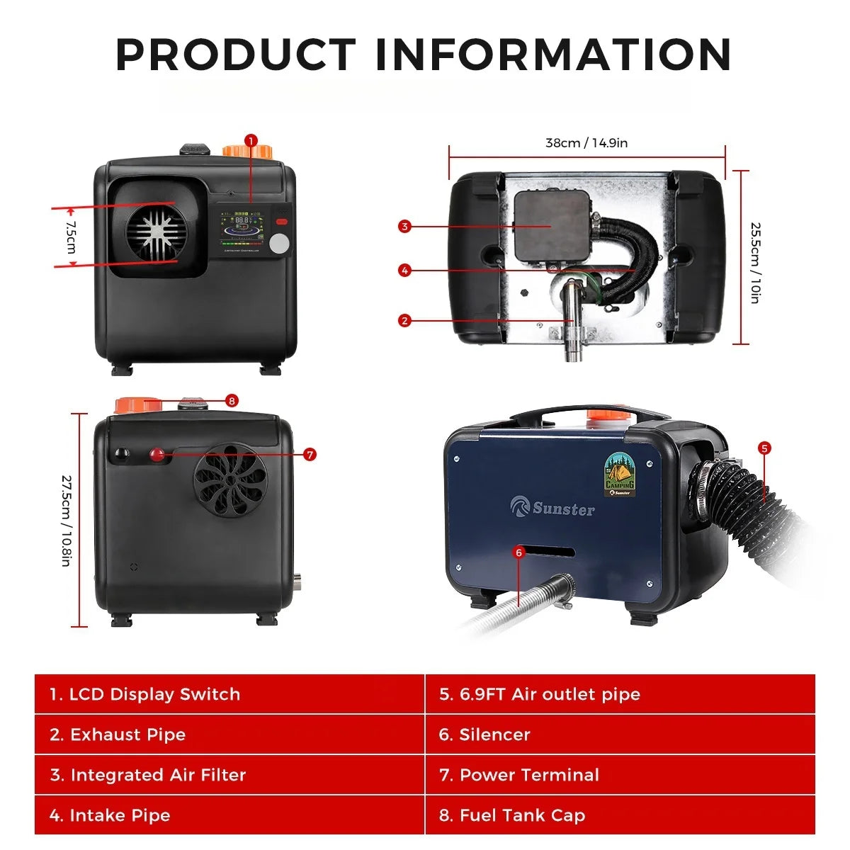 Sunster 8KW 12V&24V&110-240V Portable Diesel Air Heater APP Control Ultra quiet Night Parking Heater for RV car campervan tent