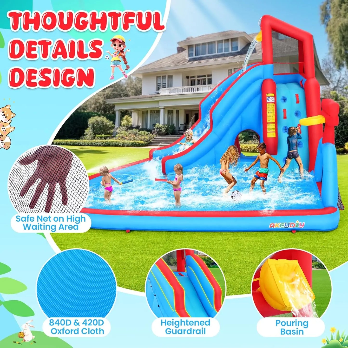 Inflatable Water Slide for Kids Backyard 9-in-1 Blow Up Water Park with 470W Blower, Dump Bucket, Adventure Play Tunnel, Splash