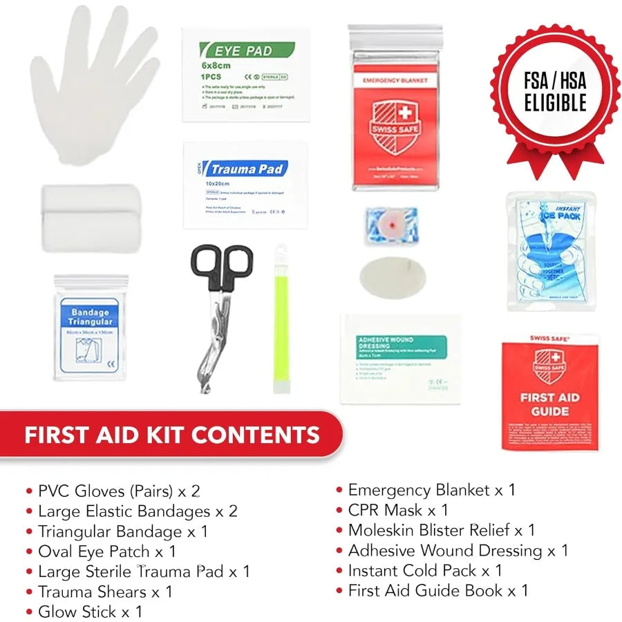 Swiss Safe 2in1 First Aid Kit for Car Travel Home Businesses Bonus Mini Kit for Medical Emergency Aid Survival Camping FSA HSA