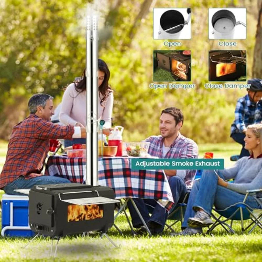Outdoor Portable Wood Stove Tent Stove for Camping Cast Iron Wood Burning Stove with Chimney Pipes and View Glass Ideal for Ice