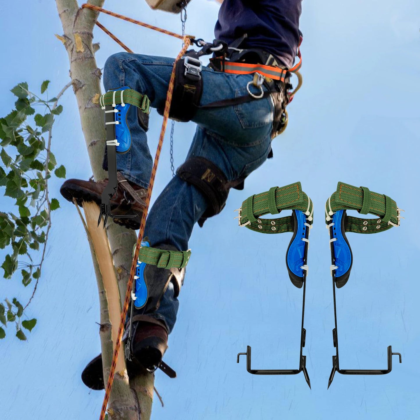 Tree Climbing Spikes Kit w/Safety Harness Gloves Double Teeth Tree Climbing Gear Climber Arborist Aider Tool